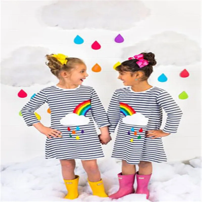 Toddler Baby Kids Girls Clothes Casual Long Sleeves Stripe Princess Party Dress Novelty Rainbow Sisters Twins Matching Outfits | Детская