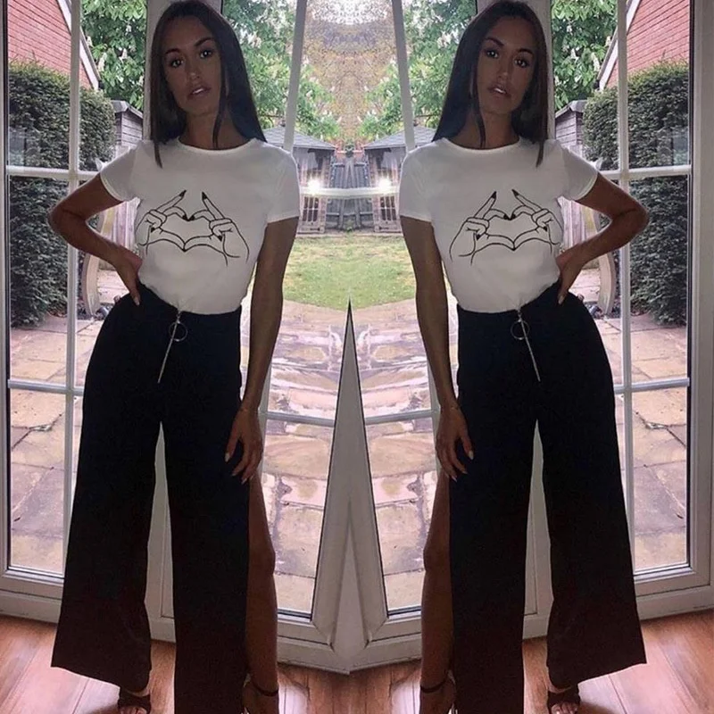 

summer hot new women's wear round neck tees short sleeved heart gesture printed pure t-shirt female popular cotton hand t shirts
