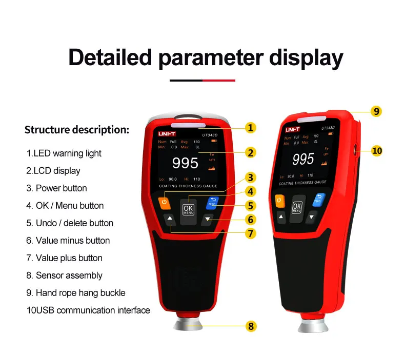 UNI-T UT343D толщиномер покрытия lcd подсветка 320x240 пикселей цифровой FE/NFE металлический автомобильный измеритель толщины краски