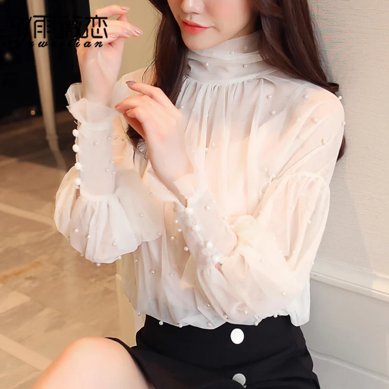 Блузка 2019 Blusas Blouse Hot Sale Vadim Plus Size New Womens Shirt Long-sleeved Super Fairy Beaded High Collar Lantern Sleeve Women on.