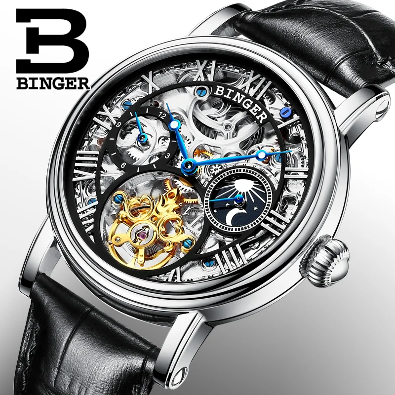 Швейцария БИНГЕР часы для мужчин люксовый бренд Tourbillon Relogio Masculino водостойкие Скелет механические часы B-1171-3