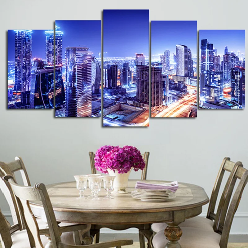 Настенная Картина на холсте с 5 плоскостями синие ночные городские современные