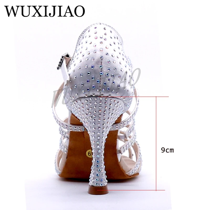 WUXIJIAO/Новинка; блестящие стразы; обувь для латинских танцев; Женская атласная обувь для сальсы; Танцевальная обувь для женщин; Танцевальная обувь для танго