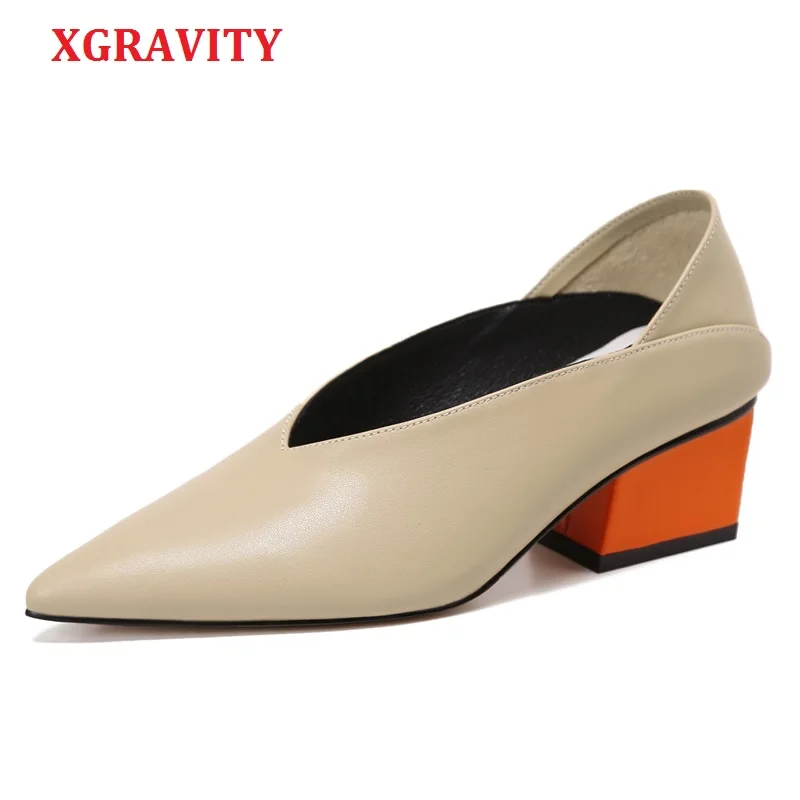

Женские винтажные туфли XGRAVITY из натуральной кожи, классические туфли на среднем каблуке, с острым носком, пикантная ретро-обувь с V-образным ...