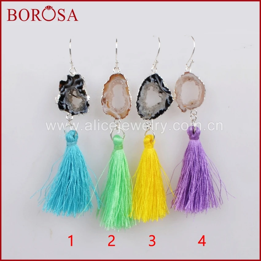 

BOROSA Silver Color Natural Druzy Slice Rainbow Tassel Earrings, Mix Colors Tassel Drop Earrings Druzy Dangle Earrings S1235