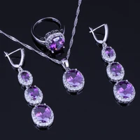 candy oval purple cubic zirconia white cz silver plated jewelry sets earrings pendant chain ring v0035
