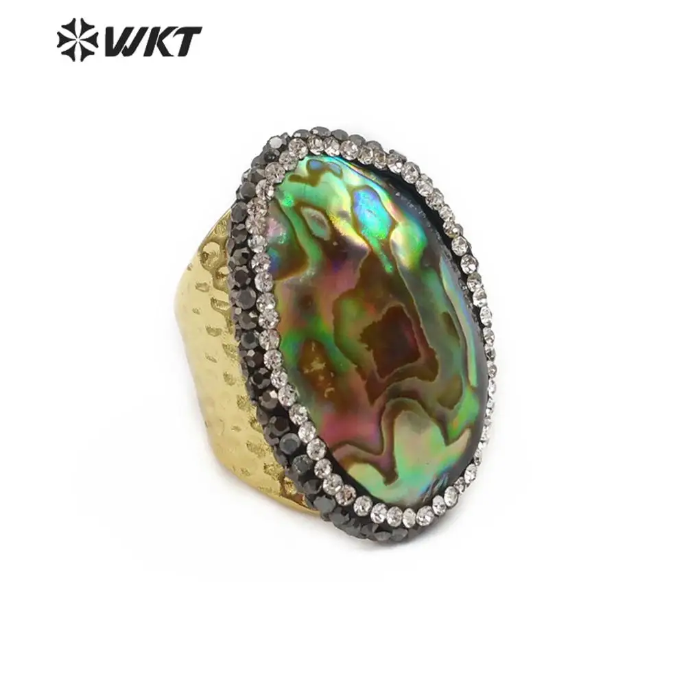 WT-RR030 Abalone Shell Ring with Rhinestone Pave Beautiful Rainbow Color Natural Sea Adjustable For Women | Украшения и