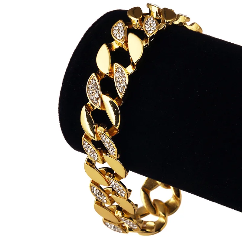Фото Половина CZ Цепочка Ожерелье Браслеты Золотой Тон Bling Стразы Iced Out Майами Кубинская Цепочка Ожерелье Хип-Хоп Мужской Набор Украшений На Шею №5