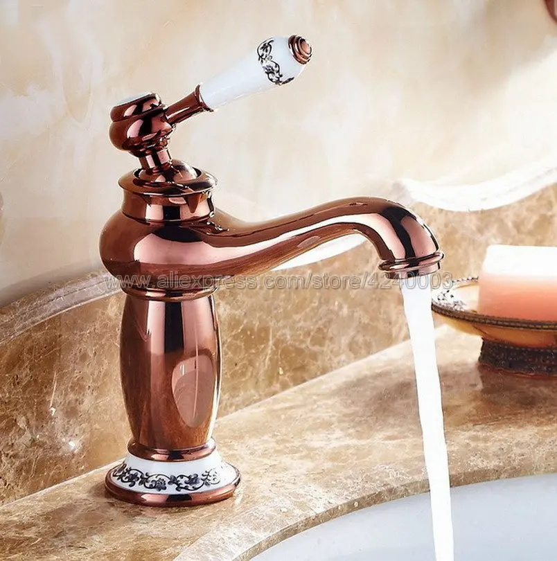 

Rose Gold Ceramic Single handle Bathroom Basin Faucet Brass Vessel Sink Water Tap Mixer Knf502