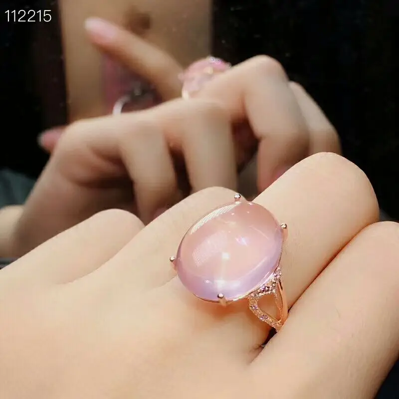 Rose gold Ring MeiBaPJ натуральный высокое качество розовый большой розовый кварц драгоценный камень ювелирные изделия набор 925 Чистое серебро ожерелье и кольцо костюм для женщин - Цвет камня: Rose gold Ring