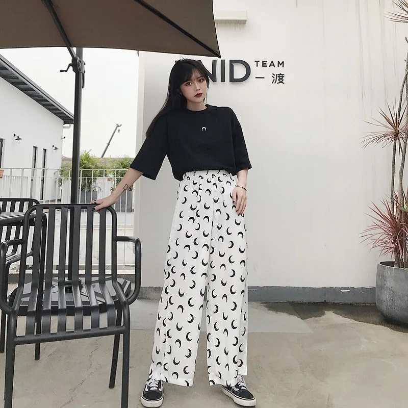 Женские брюки с принтом Луны повседневные свободные высокой эластичной талией в