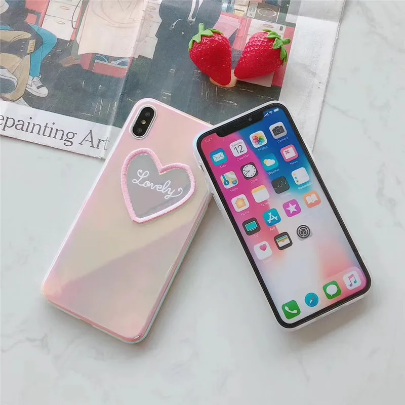 3D embroidery Love heart phone case for iphone 6 6s 7 8Plus shiny Laser soft tpu X XS Max XR cover |