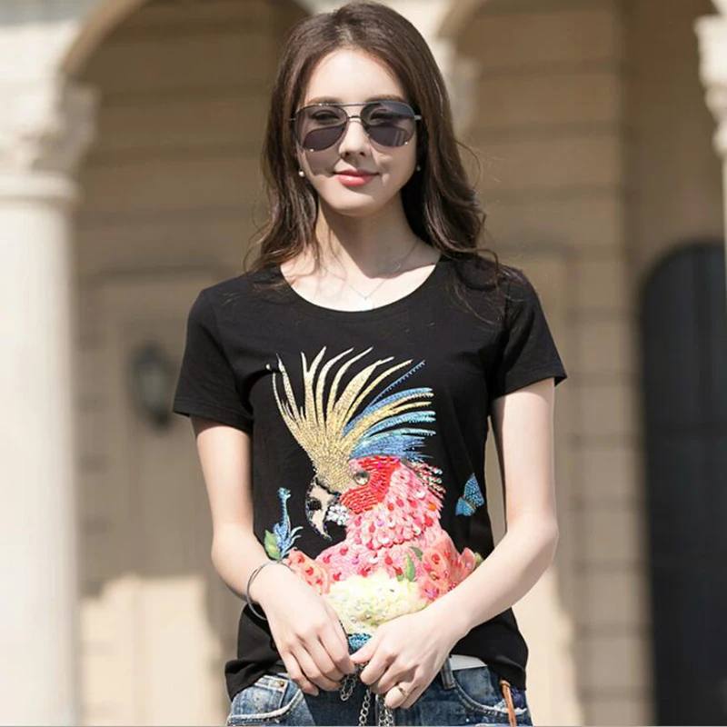 Новинка 2018 летние хлопковые женские футболки с принтом попугаев и бисером