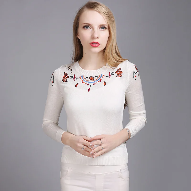 Радость Душу Вышивка Женщины Свитера 2017 Вязание Рубашка Полный Рукав Плюс Размер
