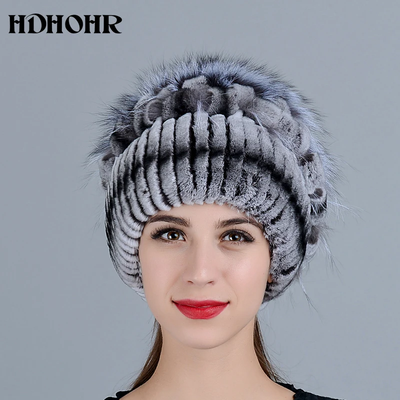 HDHOHR теплый натуральный мех шляпа натурального меха кролика Rex Кепки Silver Fox меховой шапочки Шапки Для женщин зимние толстые теплые Головные уборы Шапки