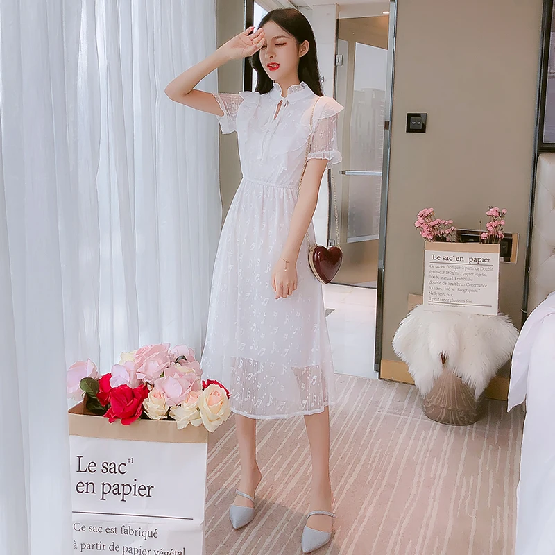 2019 Autumn Women Long Sleeve Lace Dresses Woman Korean Ruffles Lady Dress Tulle | Женская одежда