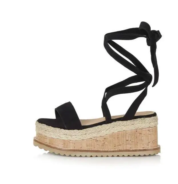 Летние черные сандалии на танкетке женские Espadrilles сандалии-гладиаторы с открытым