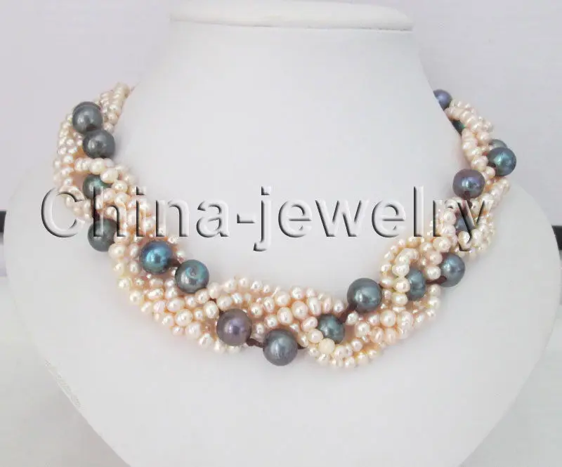 

17" Handmade 5row 5-10-11mm natural pink & black freshwater pearl necklace