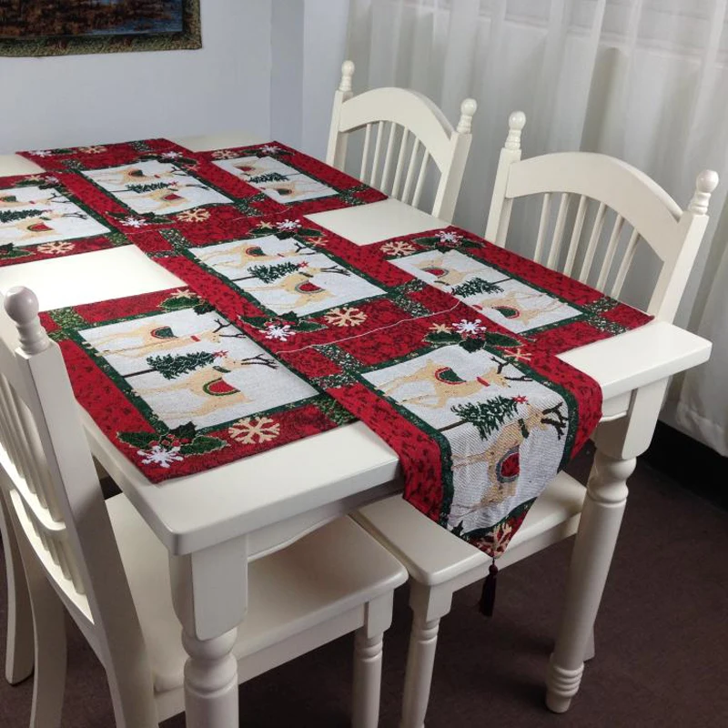 

European Christmas Table Runner Set Double Elks Embroidered Polyester And Cotton Cloth Table Runner Mat Home Decoration