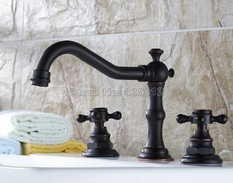 

Black Oil Rubbed Bronze 3 Hole Deck Mounted Dual Cross Handles Bathroom Basin Sink Faucet Vessel Sink Mixer Taps Wnf043
