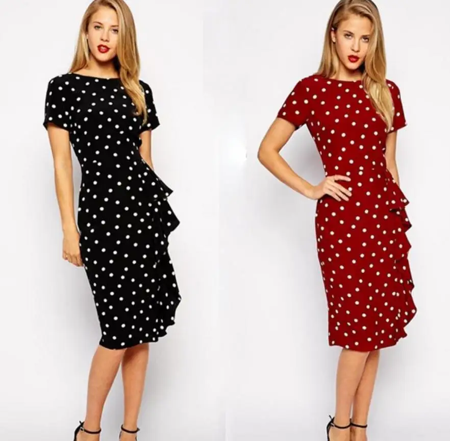 Женское офисное платье-карандаш в горошек красное элегантное облегающее платье