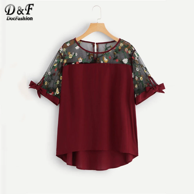 Dotfashion плюс контрастная сетчатая Цветочная вышитая блузка Лето Boho узел Женские топы и блузки женские топы с коротким рукавом