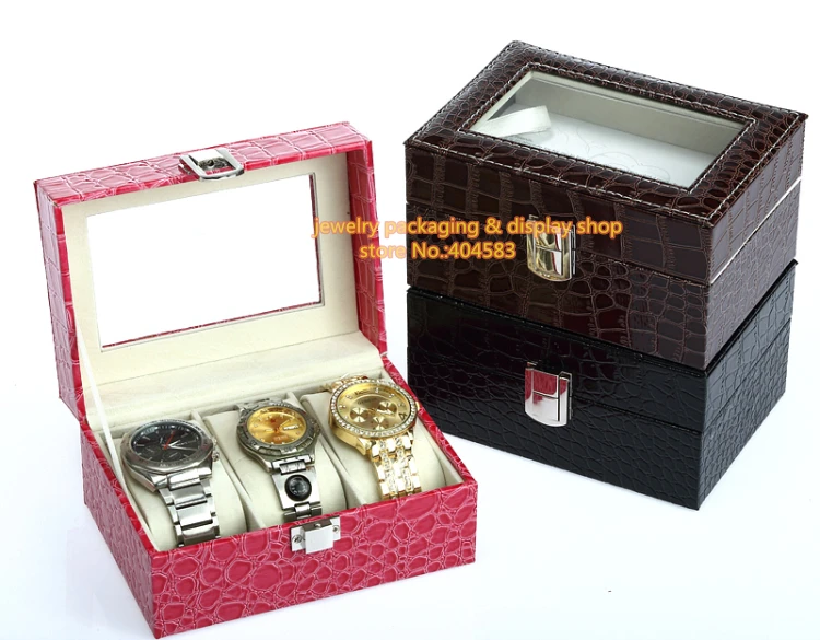 

Imitation leather 3 grid watch box with glass top