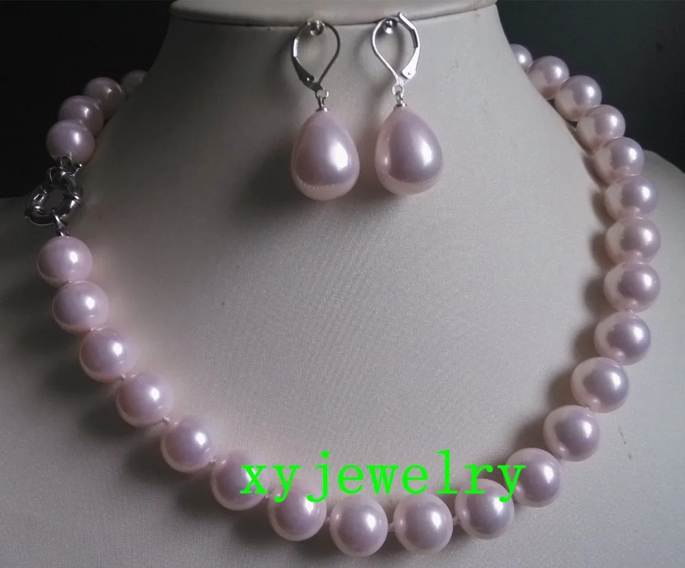 

beautiful 12mm light pink sea shell pearl necklace 18 inch & dangle earring set AAA style Fine Noble real Natural free shipping