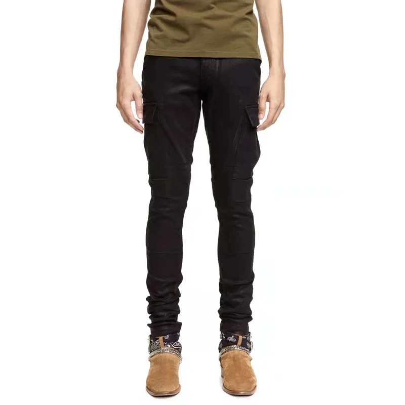 Мужские брюки джинсы украшенные в рубчик Стрейчевые байкерские черные
