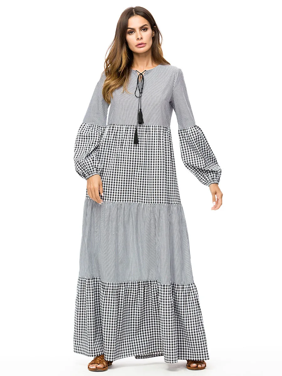 2018 осень мусульманское платье длинное Индонезии шить Фонарь рукава длинные