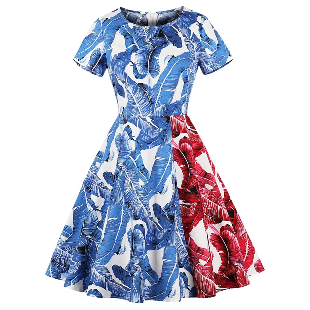 2018 Новый Винтаж принтом перьев Fit and Flare Dress пикантные Платье с круглым воротником