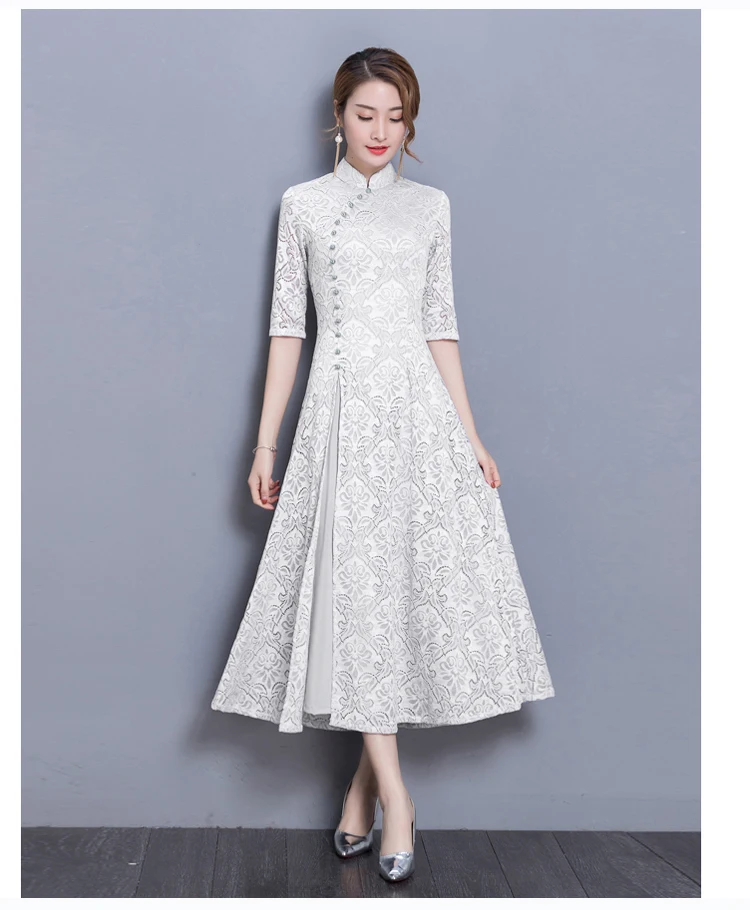 new vintage Lace Long dress women Summer Chinese Style A-Line dress Solid color Half sleeve Ankle-Length dress women