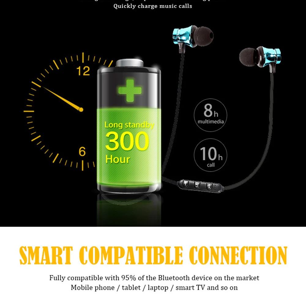 Wireless Bluetooth Earphones Metal Magnetic Stereo sports Bass Cordless Headset Earbuds With Microphone Earphones for all phone