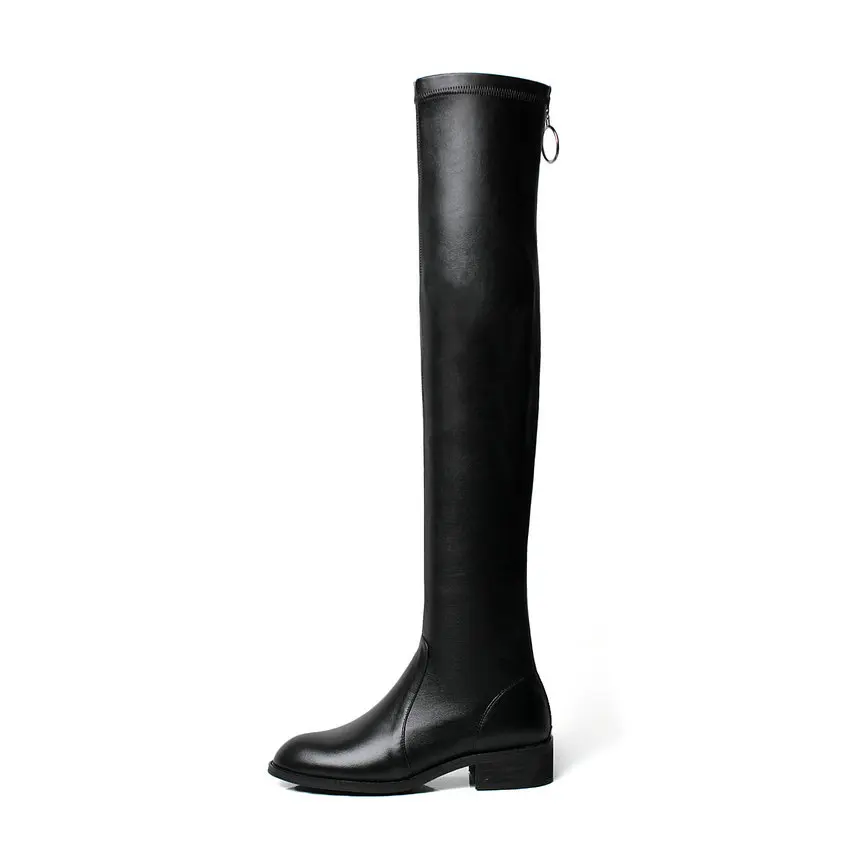 Black-Cow Leather QUTAA/ Сапоги выше колена с металлической пряжкой на молнии удобные женские сапоги из натуральной кожи с круглым носком на среднем квадратном каблуке Size34-42 - Цвет: Black-Cow Leather
