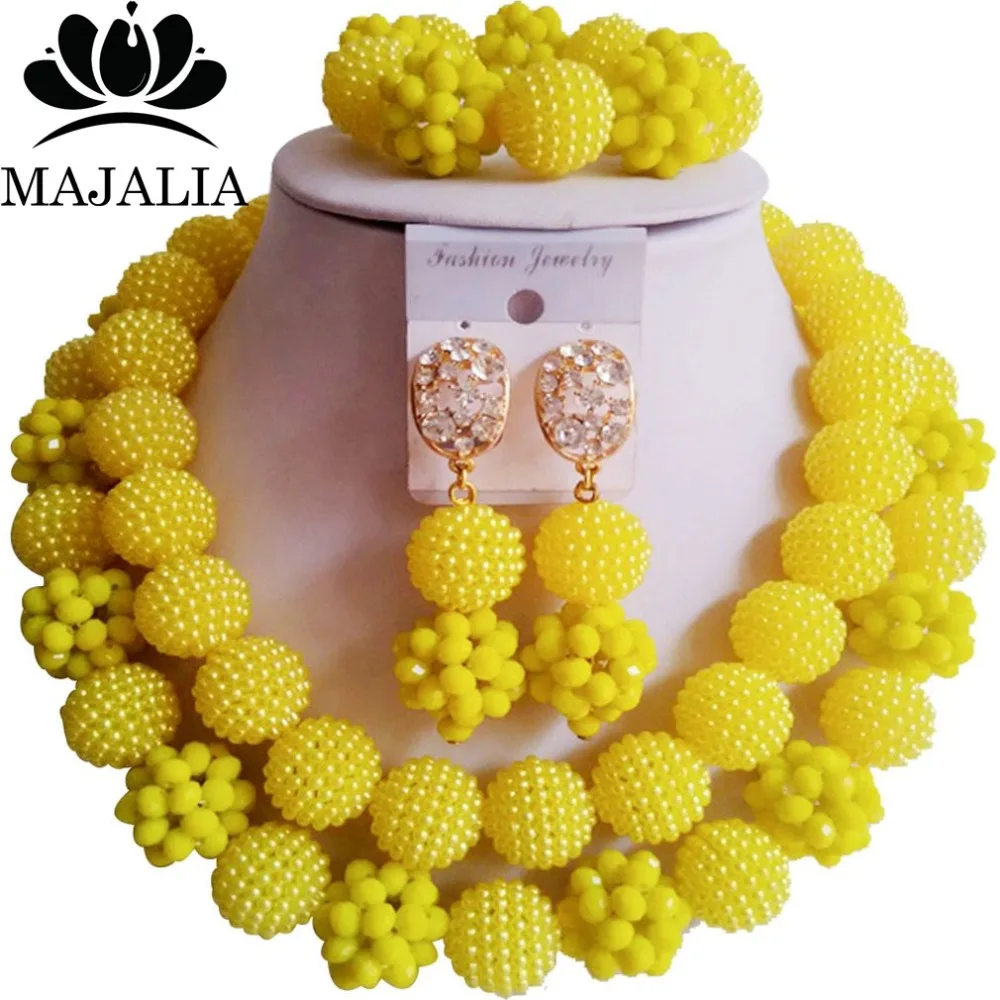 

Fashion Nigeria Wedding african beads jewelry set yellow Crystal Plastic pearl necklace Bridal Jewelry Sets Free shipping VV-085