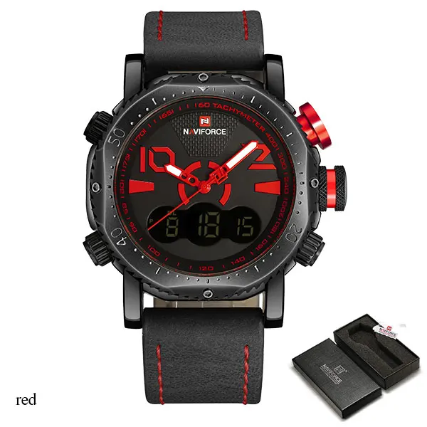 NAVIFORCE Брендовые мужские спортивные часы с двойным дисплеем Цифровые кварцевые часы с кожаным ремешком красные 30 м Водонепроницаемые наручные часы Reloj Hombre - Цвет: red