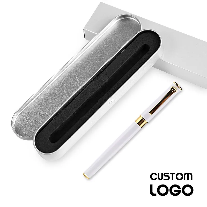 White pen-Logo-Box Металл с лазерной гравировкой ручки по индивидуальному заказу с вашим логотипом веб Url гелевая ручка шариковая ручка для бизнеса дизайн бесплатные офисные принадлежности подарок - Цвет: White pen-Logo-Box