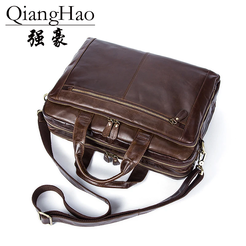 

QiangHao 100% Genuine Leather Briefcase Businessman HandBags Brand Cowhide 15 inch Laptop travel High Quality Shoulder Bag New