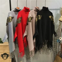 new autumn winter runway black gray embroidered bead ponchos and capes pullovers knitted wool sweater women christmas coat 2122