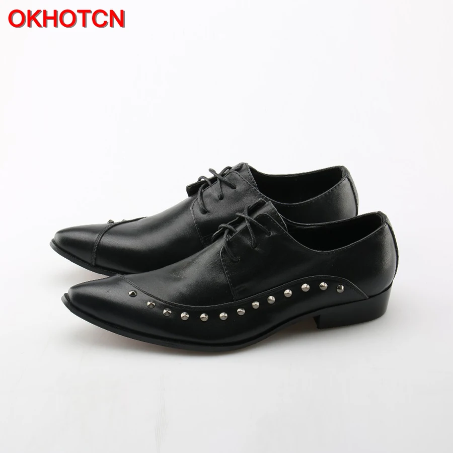 

OKHOTCN Black Men Flats Genuine Soft Leather Casual Shoes Side Rivets Flat Mens Lace Up Shoes Promotion Business Office Shoes