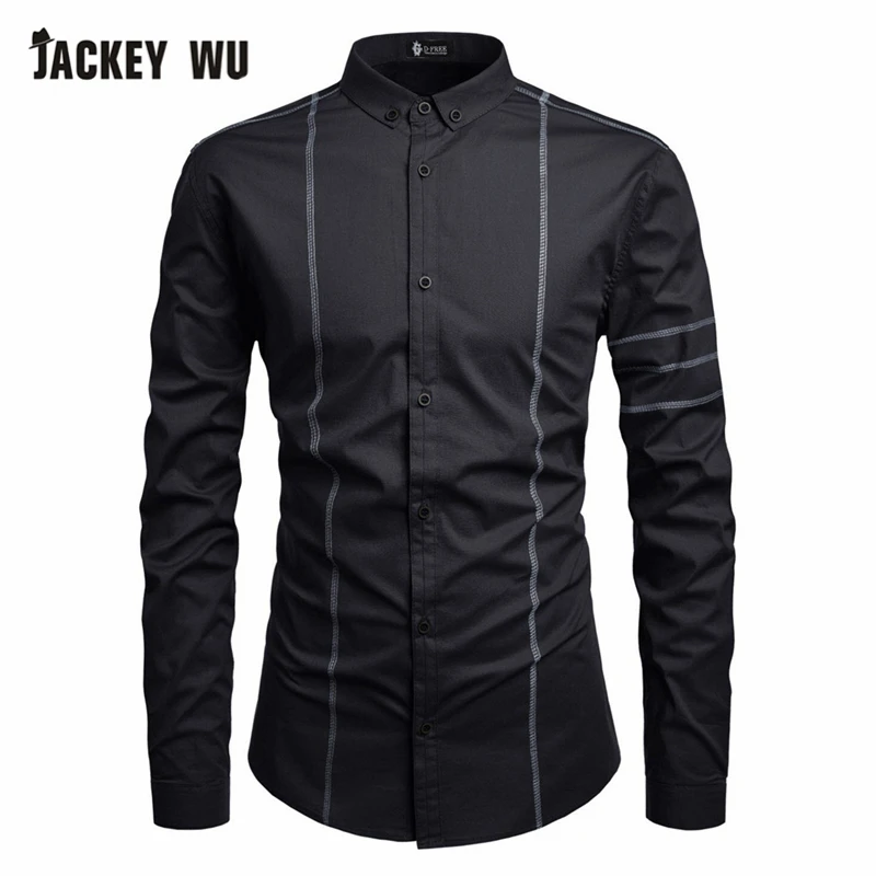 JACKEYWU Brand Dress Shirts Men 2019 Korean Fashion Line Stitch Long Sleeve Casual Shirt Cotton Business White Camisas Masculina | Мужская