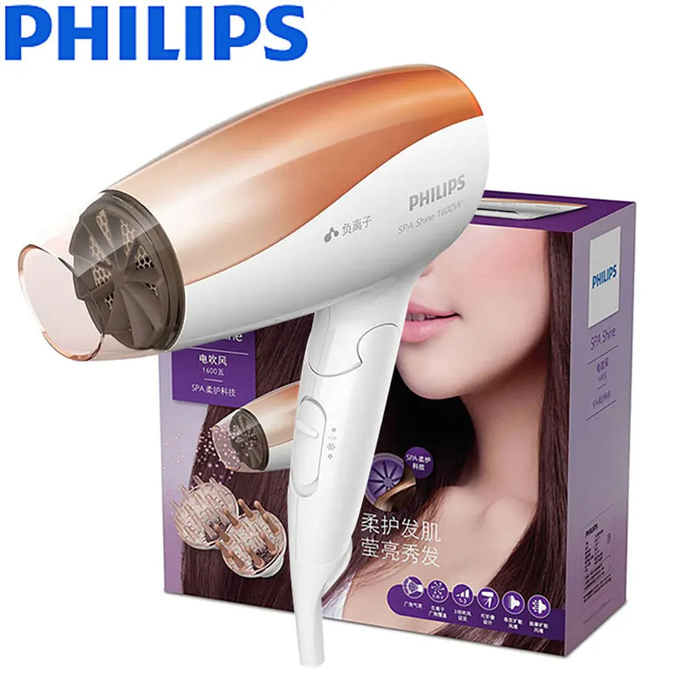 PHILIPS Фен BHC117/05 для домашнего аниона фен с высокой мощностью складной термостат Уход за волосами 3 регулировки файлов - Цвет: Золотой