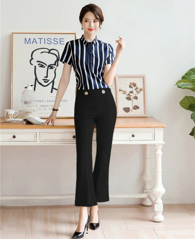 Летние женские темно синие Полосатые блузки и рубашки деловые костюмы комплект