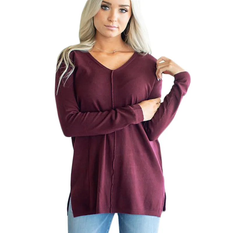 

HiloRill Women Blouses 2021 Long Sleeve V-Neck Blouse Casual Knit Shirt Solid Pullover Ladies Loose Tops Blusas Mujer Plus Size