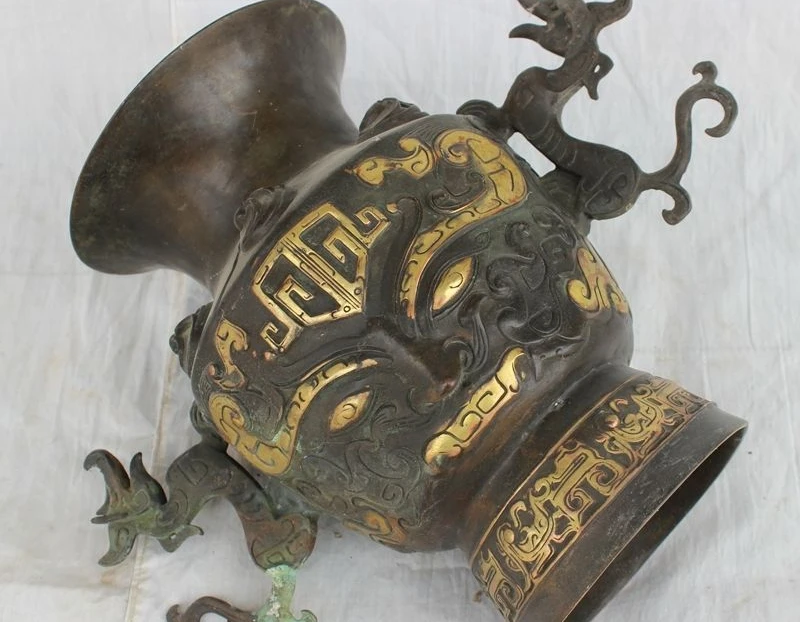 12 &quotкитайская Бронзовая медная позолота богатство Статуя Дракона зверя лев лицо