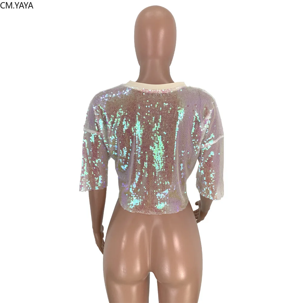 new women summer sequins sexy hip hop short sleeve o-neck short t-shirt streetwear classic tee top casual t shirts GLDN8281