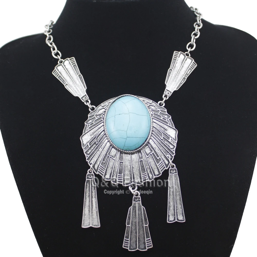 Vintage Silver Plated Dream Catcher Big Blue Stone Pendant Dome Chain Bib Necklace Turkey | Украшения и аксессуары