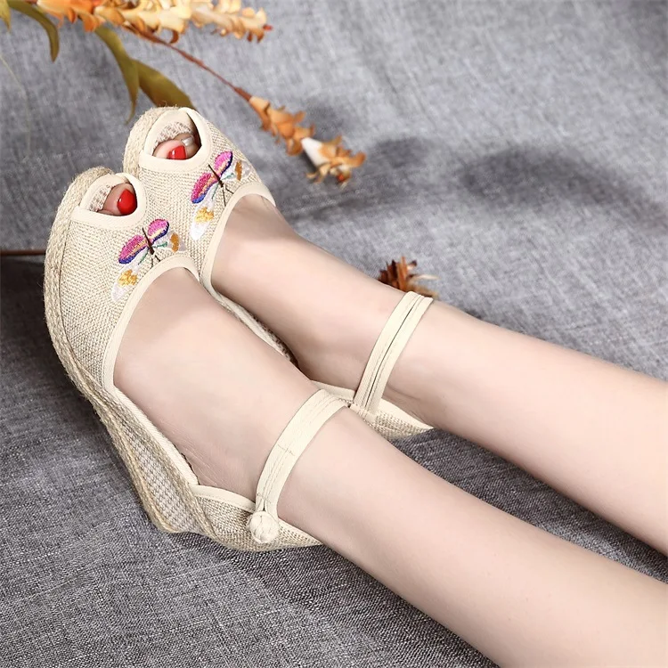 Old Beijing Cloth Shoes Women Summer Ethnic Wedges Sandals Fish Mouth Embroidered Peep Toe | Обувь