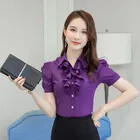 Блузка женская шифоновая с оборками, модная офисная рубашка с коротким рукавом, белая элегантная в офисном стиле, большой размер 5XL, на лето