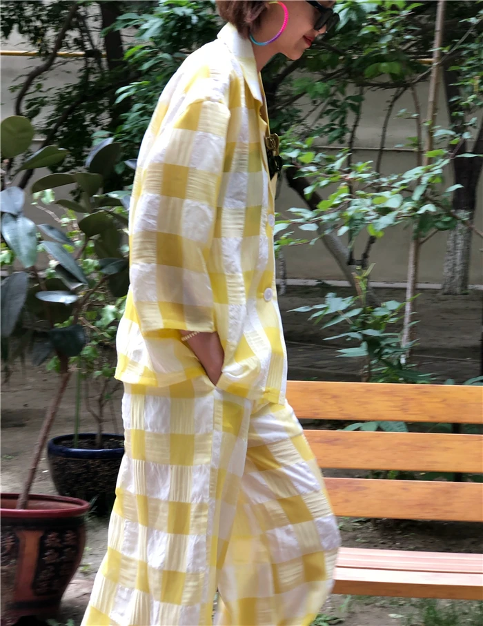 yellow SuperAen, модные женские комплекты, лето, новинка, женская рубашка с длинным рукавом, повседневные штаны, женские клетчатые, две части, для женщин - Цвет: yellow